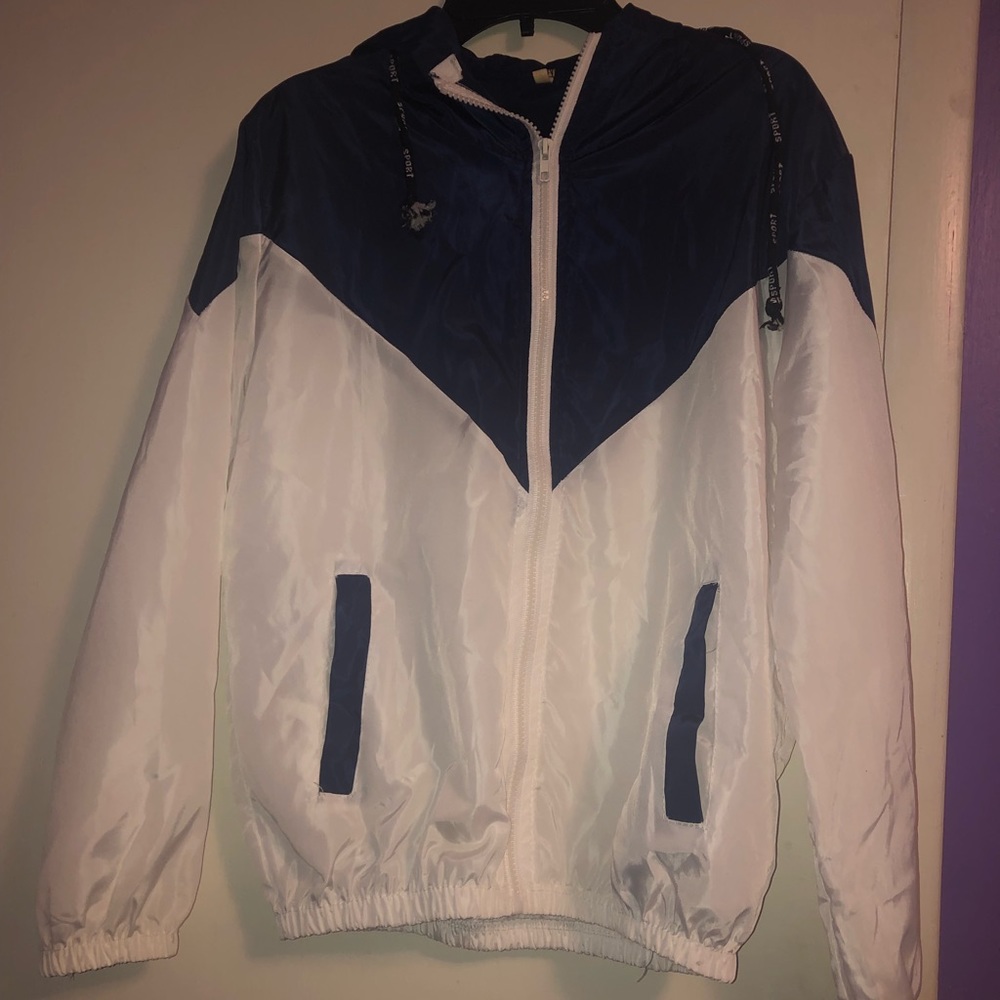 Blue and white rain jacket